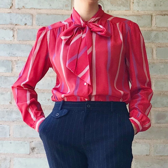 Vintage Tops - Vintage Secretary Blouse Red Stripe Bow 80s Top